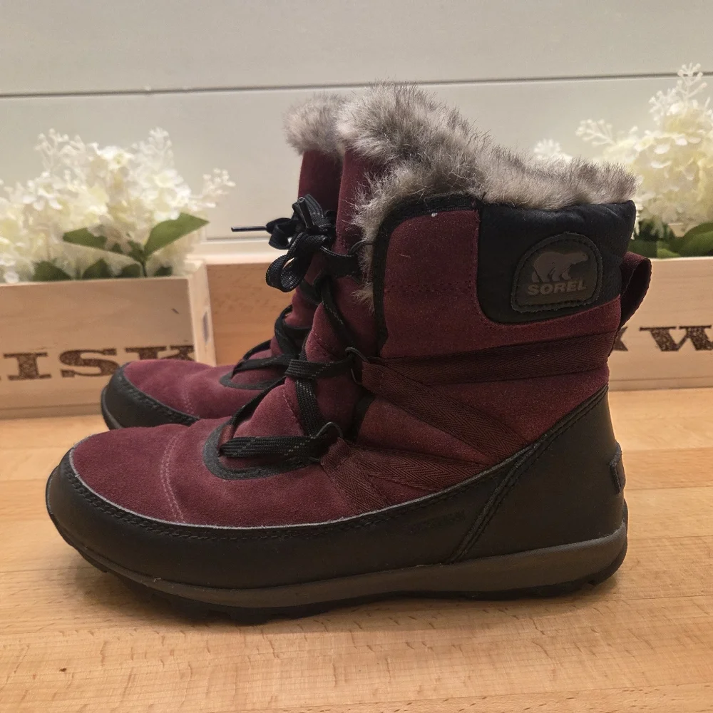 Sorel Tivoli Sport Cattail Boot Maroon Faux Fur Lined Waterproof Womens Size 9.5